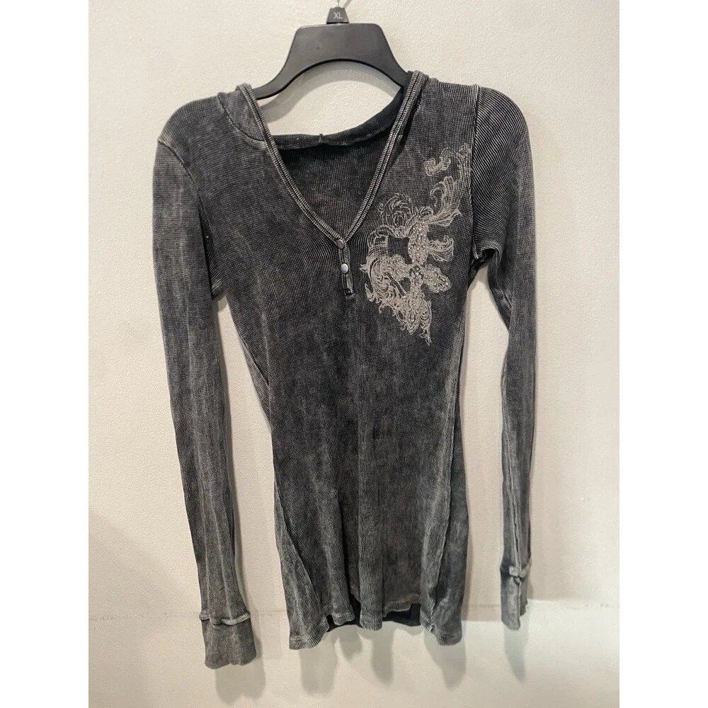 Vtg Y2K stonewashed Graphic Thermal Henley Hoodie Rhinestone embellished Sz M
